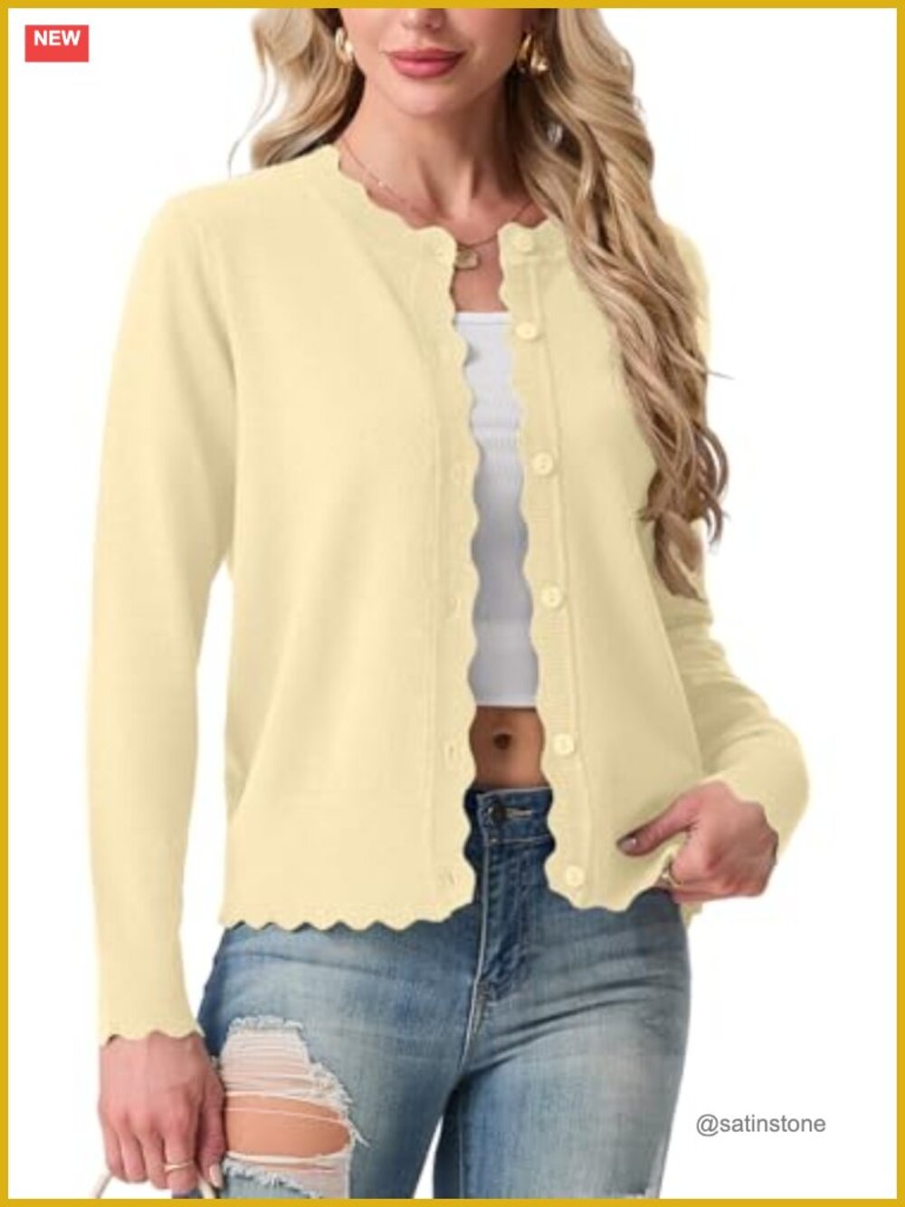 Women's Cardigan Sweater Button Up Long Sleeve Scalloped Edge Knit Top